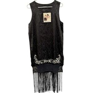MinkPink Women’s Black Tank Embroidered Dress With Crochet Bottom Tassels Hem L